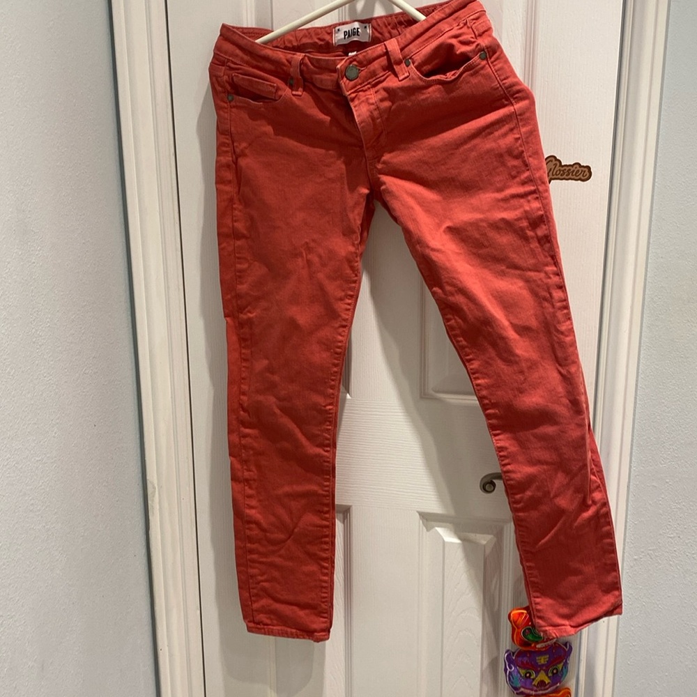 Paige denim orangey colored mid rise straight leg jeans